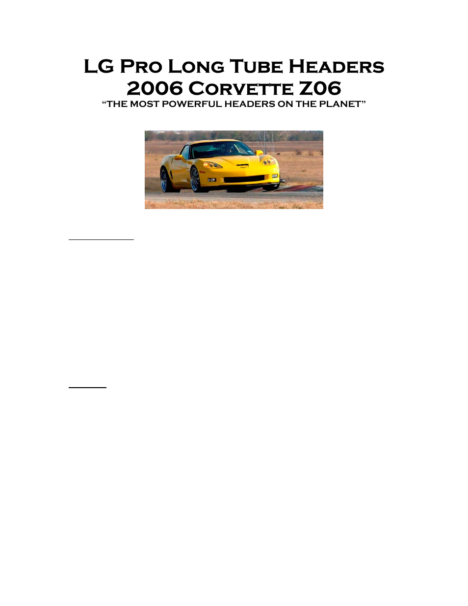 LG Motorsports LG C6 Z06 Pro Long Tube Headers User Manual | 6 pages