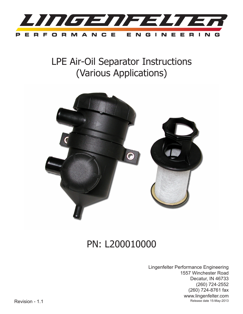 Lingenfelter L200010000 Lingenfelter Air Oil Vapor Separator Kit v1.1 User Manual | 15 pages
