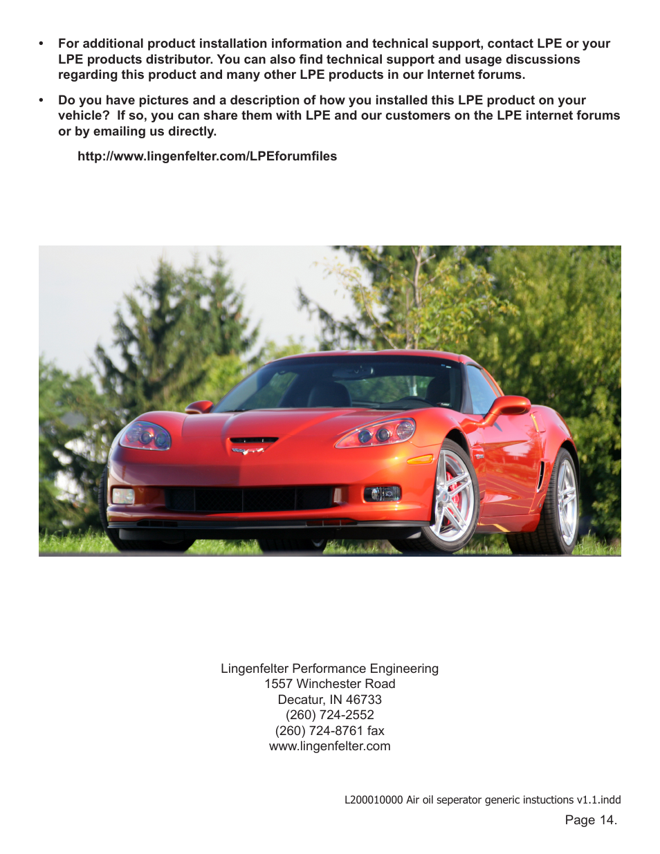 Lingenfelter L200010000 Lingenfelter Air Oil Vapor Separator Kit v1.1 User Manual | Page 15 / 15