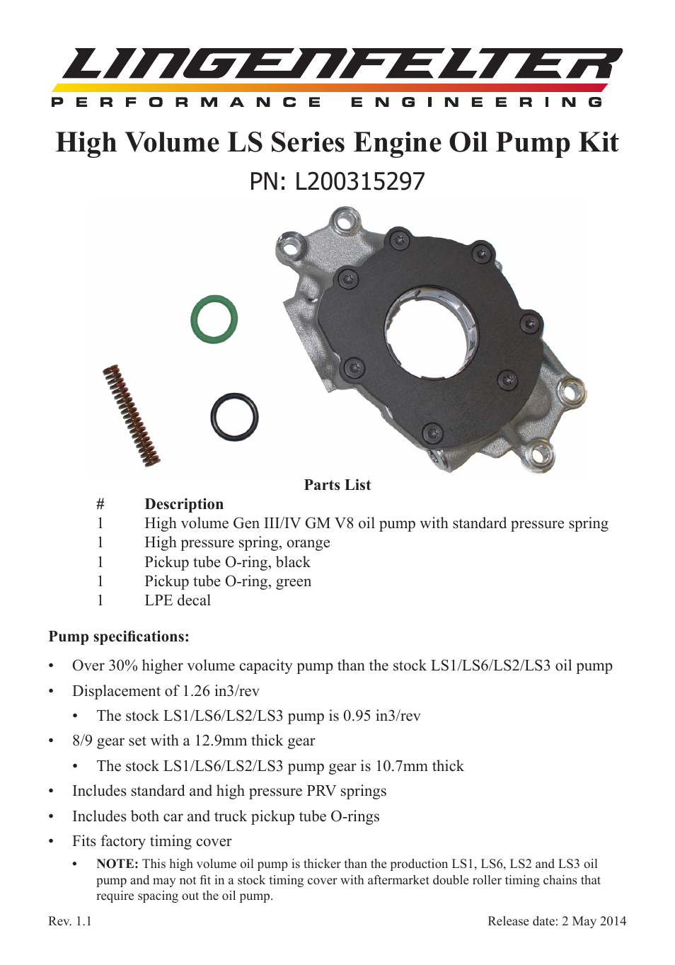 Lingenfelter L200315297 LPE High Volume Oil Pump Instructions v1 1 User Manual | 2 pages