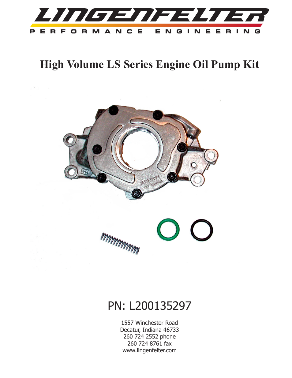Lingenfelter L200135297 Lingenfelter LS High Volume Oil Pump Kit v1.1 User Manual | 2 pages