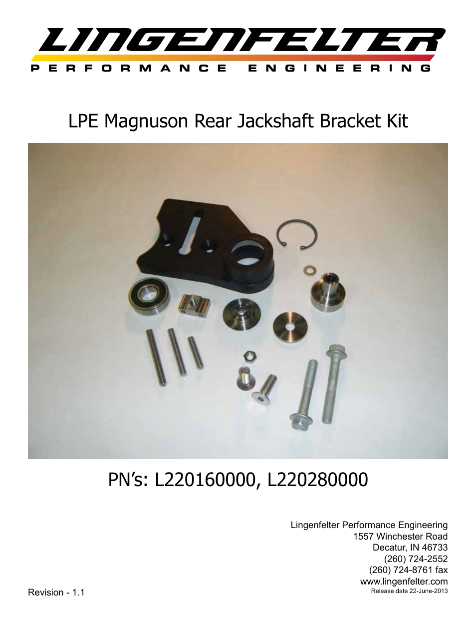 Lingenfelter L220160000 L220280000 Lingenfelter Magnuson Rear Jackshaft Bracket Kit v1.1 User Manual | 13 pages