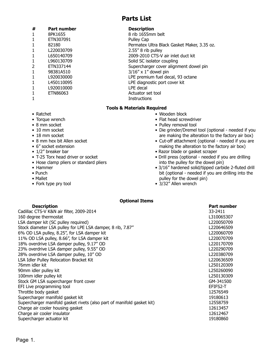 Parts list | Lingenfelter L250070709 Lingenfelter CTS-V LSA Supercharger Pulley 2009-2012 v1.9 User Manual | Page 2 / 31