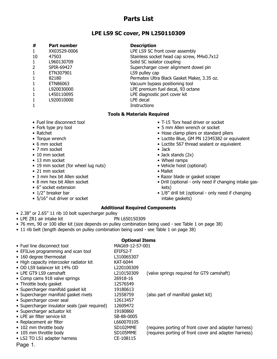 Parts list | Lingenfelter L250110309 Lingenfelter C6 ZR1 Corvette Supercharger Front Cover 2009-13 v2.2 User Manual | Page 2 / 39