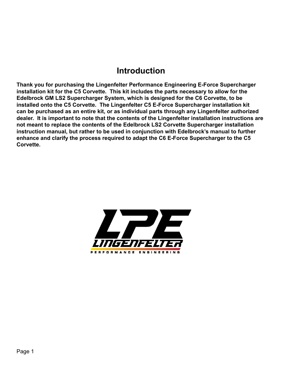Introduction | Lingenfelter L250280197 Lingenfelter C5 Corvette E-Force Supercharger Install Kit v2.9 User Manual | Page 2 / 87