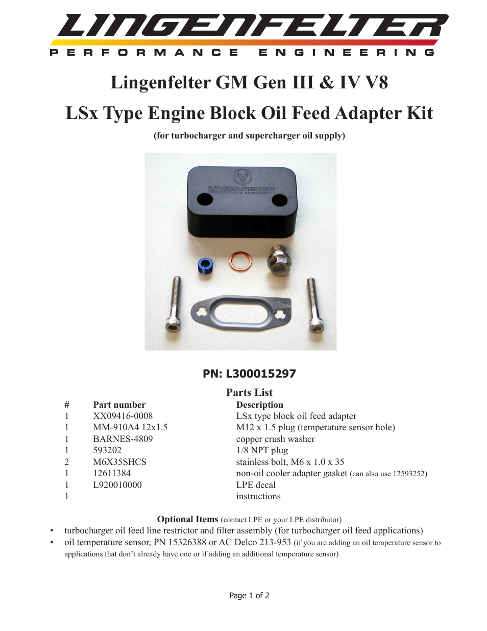 Lingenfelter L300015297 Lingenfelter LSx Oil Supply Feed Adapter Block v1.2 User Manual | 2 pages