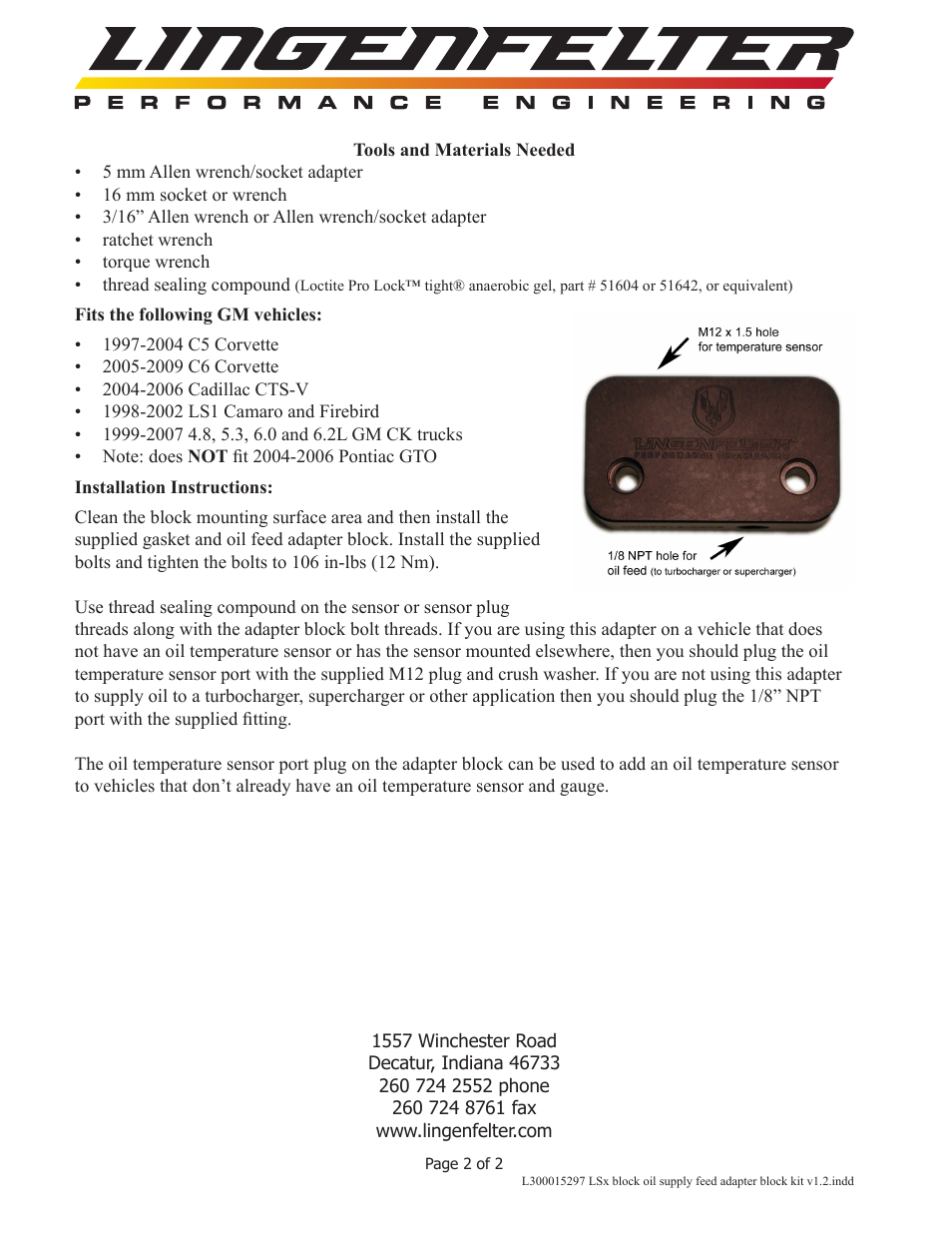 Lingenfelter L300015297 Lingenfelter LSx Oil Supply Feed Adapter Block v1.2 User Manual | Page 2 / 2