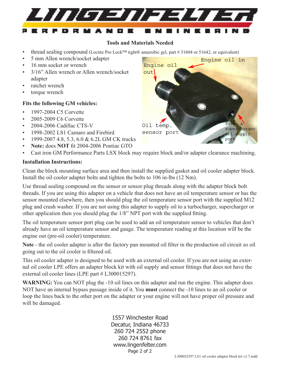 Lingenfelter L300025297 Lingenfelter LS1 Oil Cooler Adapter Block v2.7 User Manual | Page 2 / 2