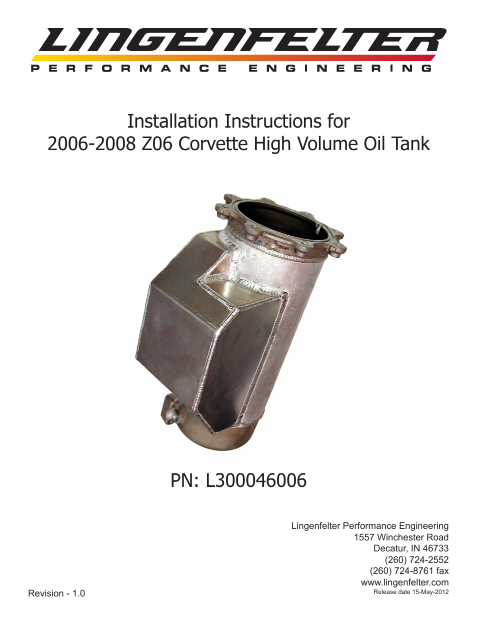 Lingenfelter L300046006 Lingenfelter C6 Z06 Corvette High Capacity Oil Tank 2006-2008 v1.0 User Manual | 14 pages