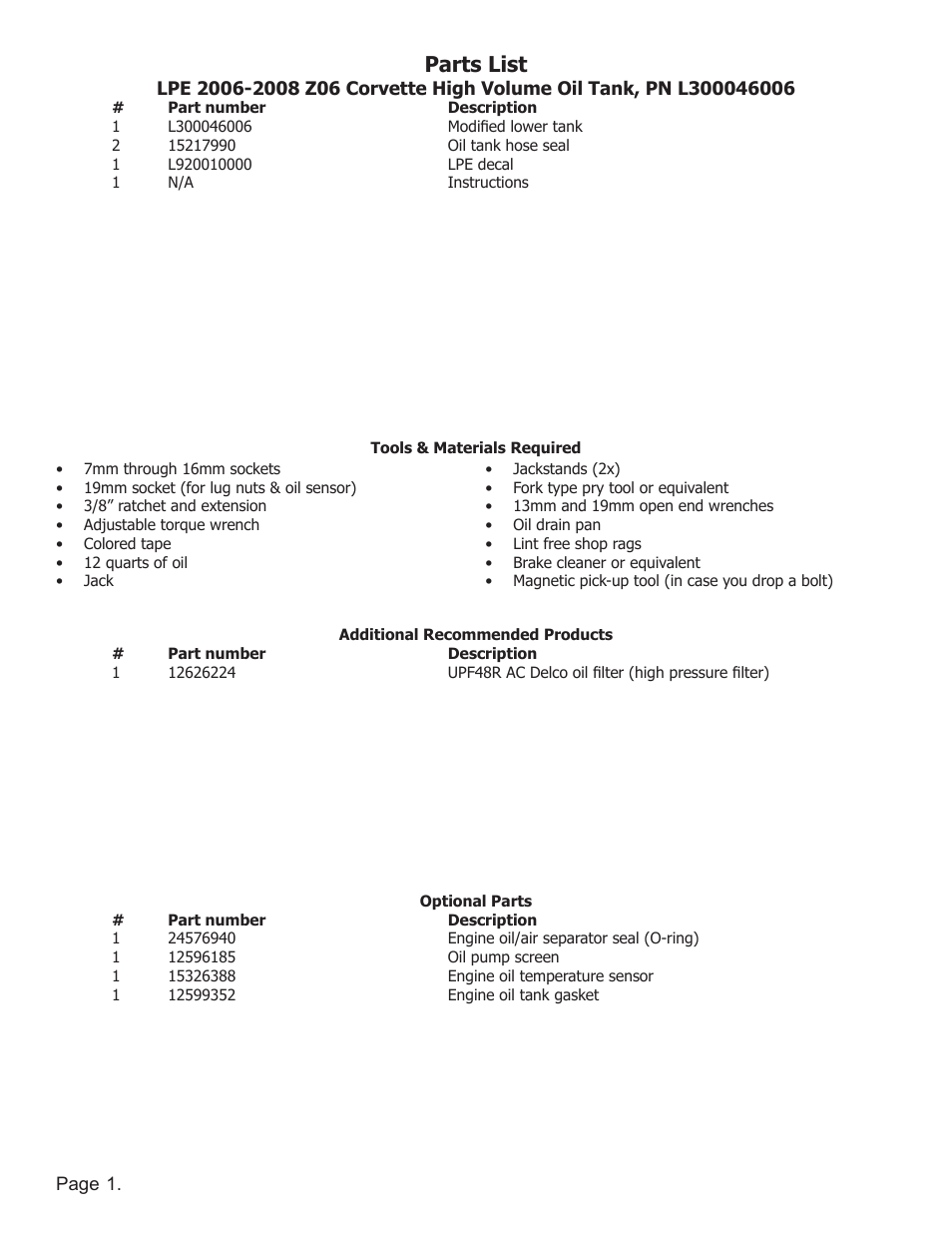 Parts list | Lingenfelter L300046006 Lingenfelter C6 Z06 Corvette High Capacity Oil Tank 2006-2008 v1.0 User Manual | Page 2 / 14