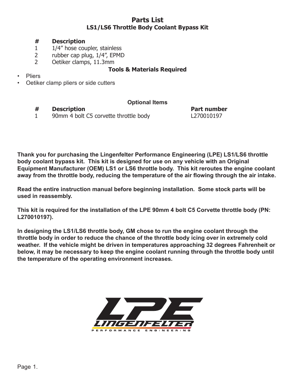 Lingenfelter L300145297 Lingenfelter LS1 LS6 Throttle Body Coolant Bypass Kit v1.1 User Manual | Page 2 / 4