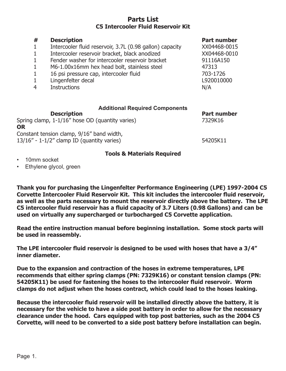 Lingenfelter L300165297 LPE C5 Corvette Supercharger Turbo Intercooler Reservoir Tank v1.2 User Manual | Page 2 / 6