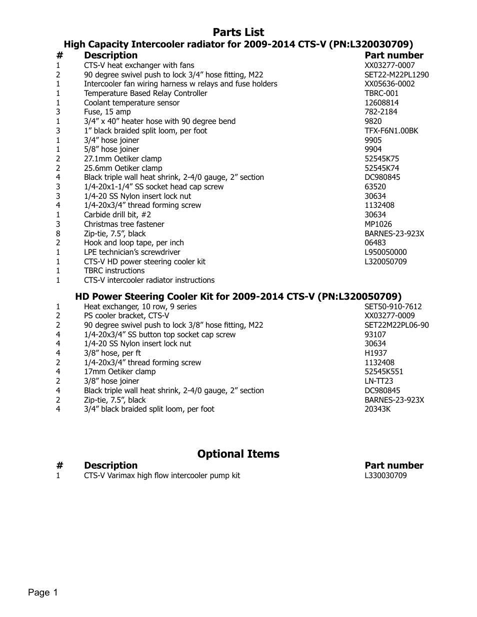 Parts list, Optional items | Lingenfelter L320030709 Lingenfelter CTS-V Intercooler Radiator Kit 2009-13 v1.1 User Manual | Page 2 / 39