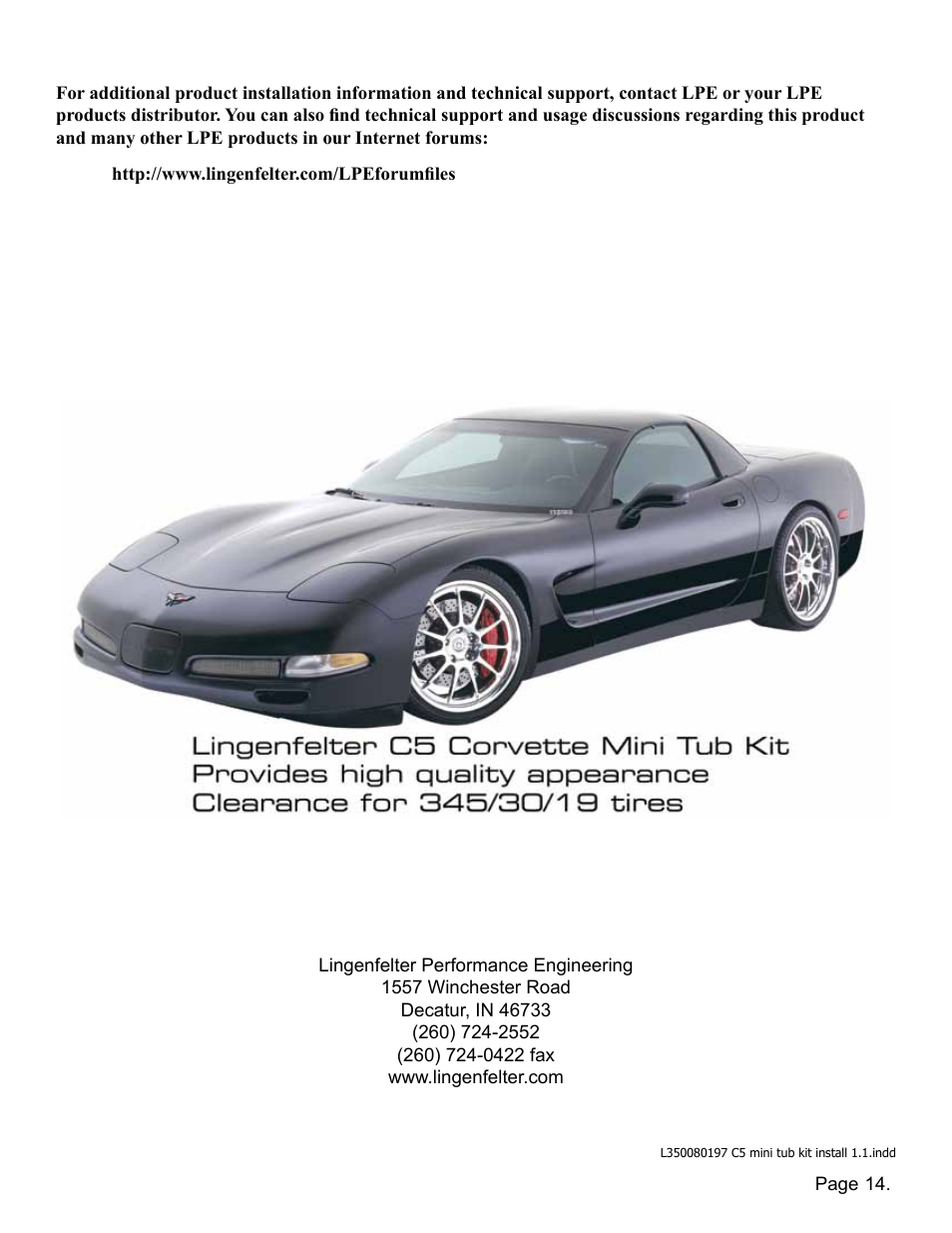 Lingenfelter L350080197 Lingenfelter C5 Corvette Mini Tub Kit User Manual | Page 15 / 15