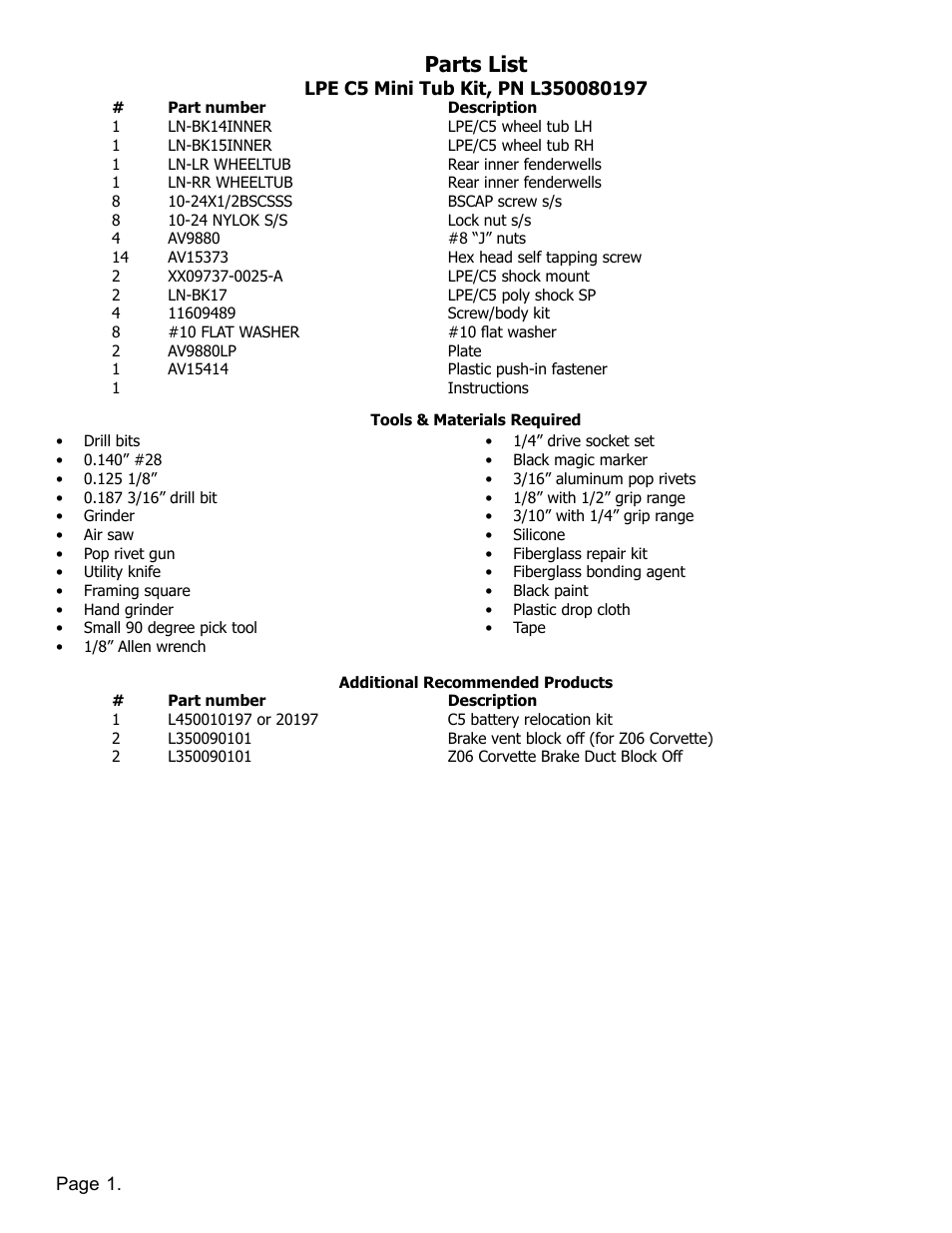 Parts list | Lingenfelter L350080197 Lingenfelter C5 Corvette Mini Tub Kit User Manual | Page 2 / 15