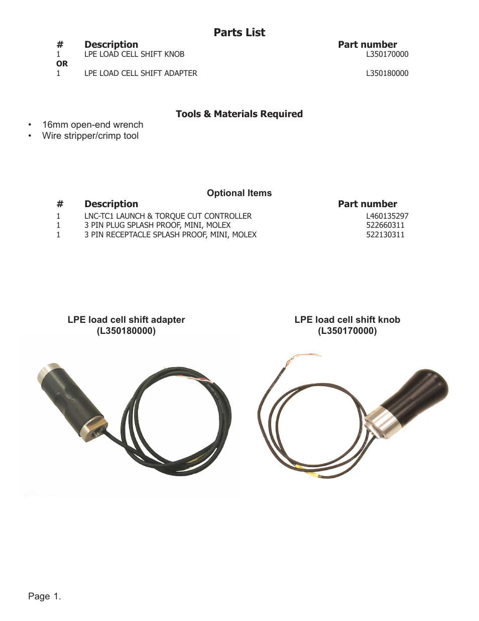 Parts list | Lingenfelter L350170000 L350180000 LPE Load Cell Shift Knob LNC-TC1 Torque Cut Module v1.1 User Manual | Page 2 / 4