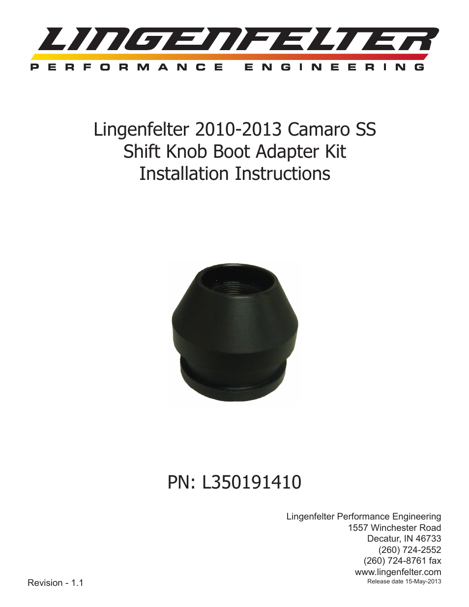 Lingenfelter L350191410 Lingenfelter Camaro Shift Knob & Boot Adapter v1.1 User Manual | 7 pages