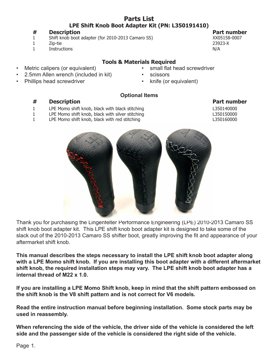 Parts list | Lingenfelter L350191410 Lingenfelter Camaro Shift Knob & Boot Adapter v1.1 User Manual | Page 2 / 7