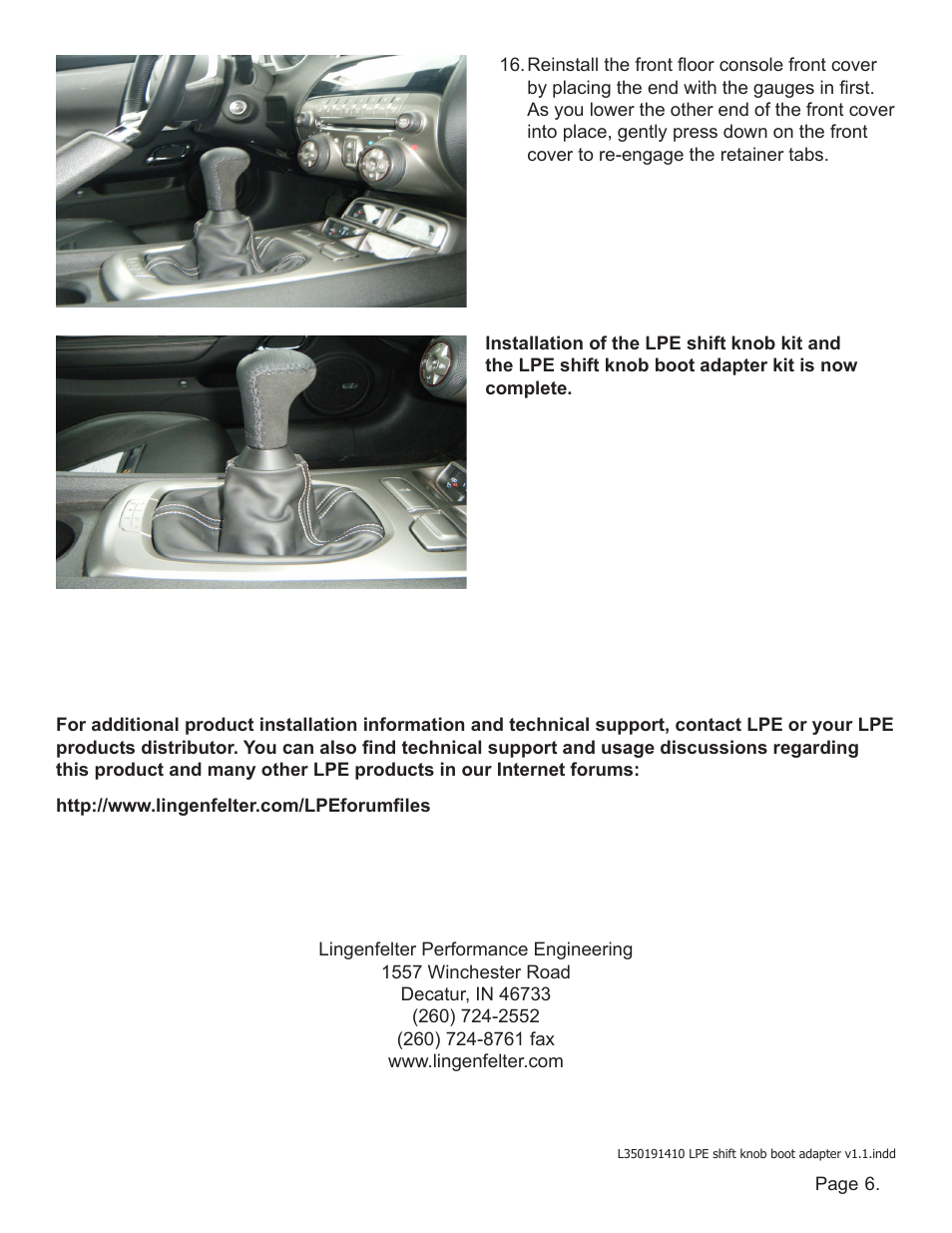 Lingenfelter L350191410 Lingenfelter Camaro Shift Knob & Boot Adapter v1.1 User Manual | Page 7 / 7