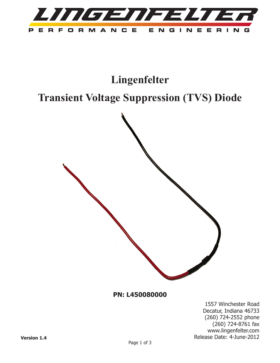 Lingenfelter L450080000 Lingenfelter TVS Diode v1.4 User Manual | 3 pages