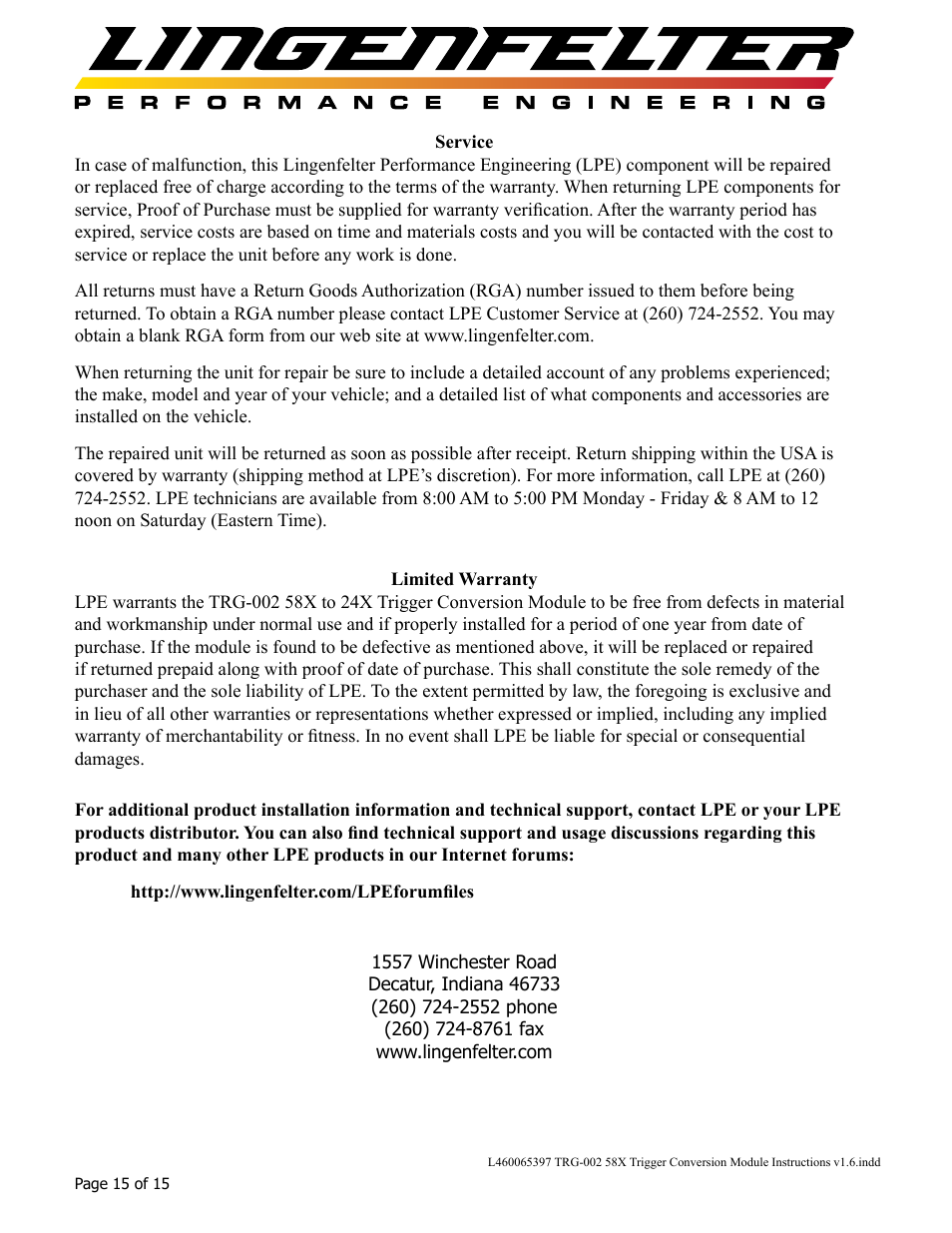 Lingenfelter L460065397 Lingenfelter TRG-002 58x Trigger Conversion Module v1.6 User Manual | Page 16 / 16