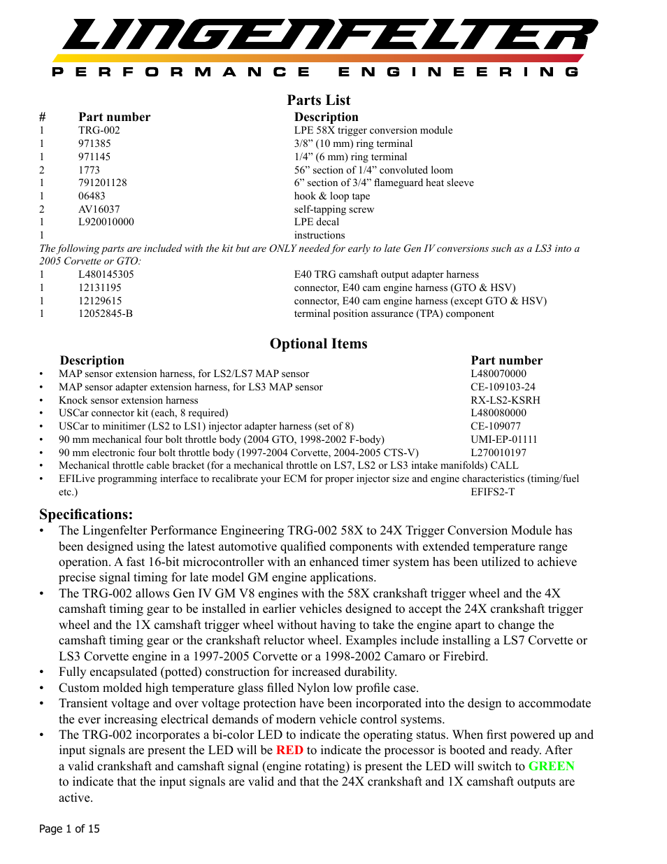 Parts list, Optional items, Specifications | Lingenfelter L460065397 Lingenfelter TRG-002 58x Trigger Conversion Module v1.6 User Manual | Page 2 / 16