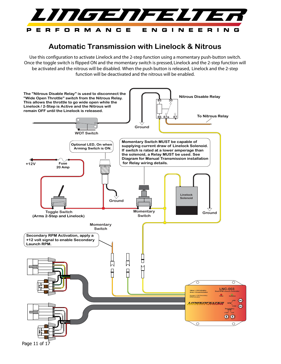 Automatic transmission with linelock & nitrous, Page 11 of 17 | Lingenfelter L460105297 Lingenfelter LNC-003 Dual RPM Launch Controller v2.7 User Manual | Page 12 / 18