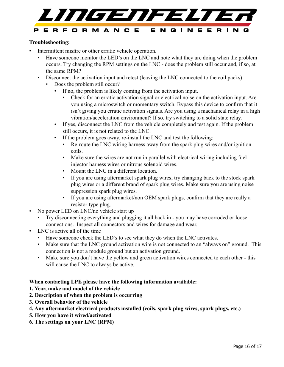 Lingenfelter L460105297 Lingenfelter LNC-003 Dual RPM Launch Controller v2.7 User Manual | Page 17 / 18