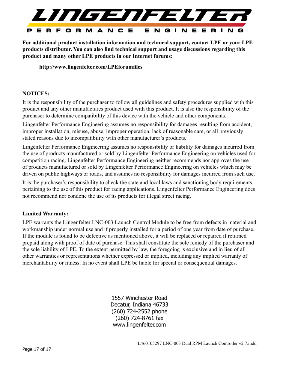 Lingenfelter L460105297 Lingenfelter LNC-003 Dual RPM Launch Controller v2.7 User Manual | Page 18 / 18