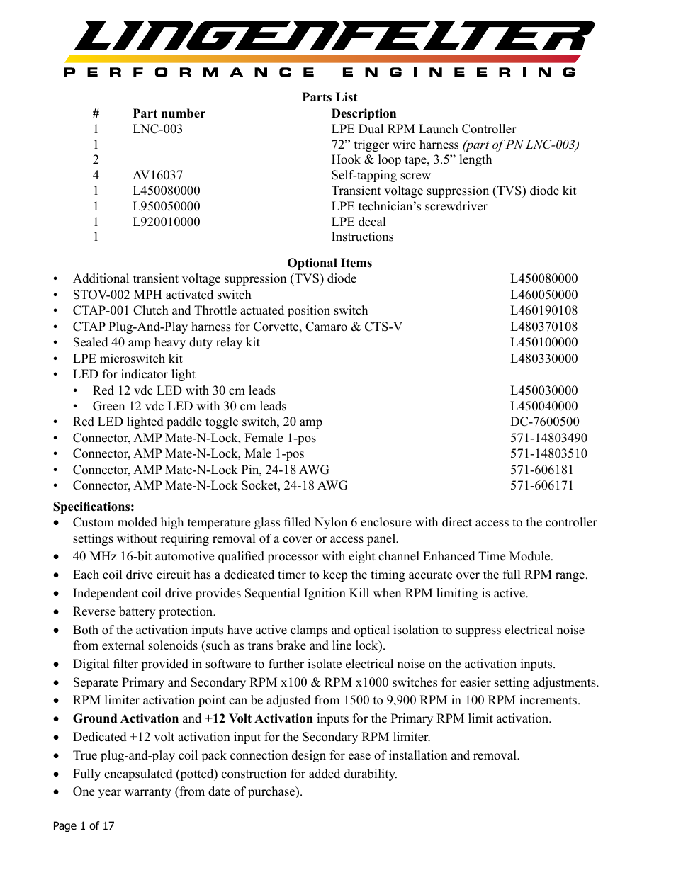 Lingenfelter L460105297 Lingenfelter LNC-003 Dual RPM Launch Controller v2.7 User Manual | Page 2 / 18