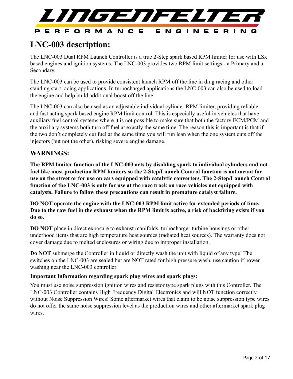 Lnc-003 description | Lingenfelter L460105297 Lingenfelter LNC-003 Dual RPM Launch Controller v2.7 User Manual | Page 3 / 18