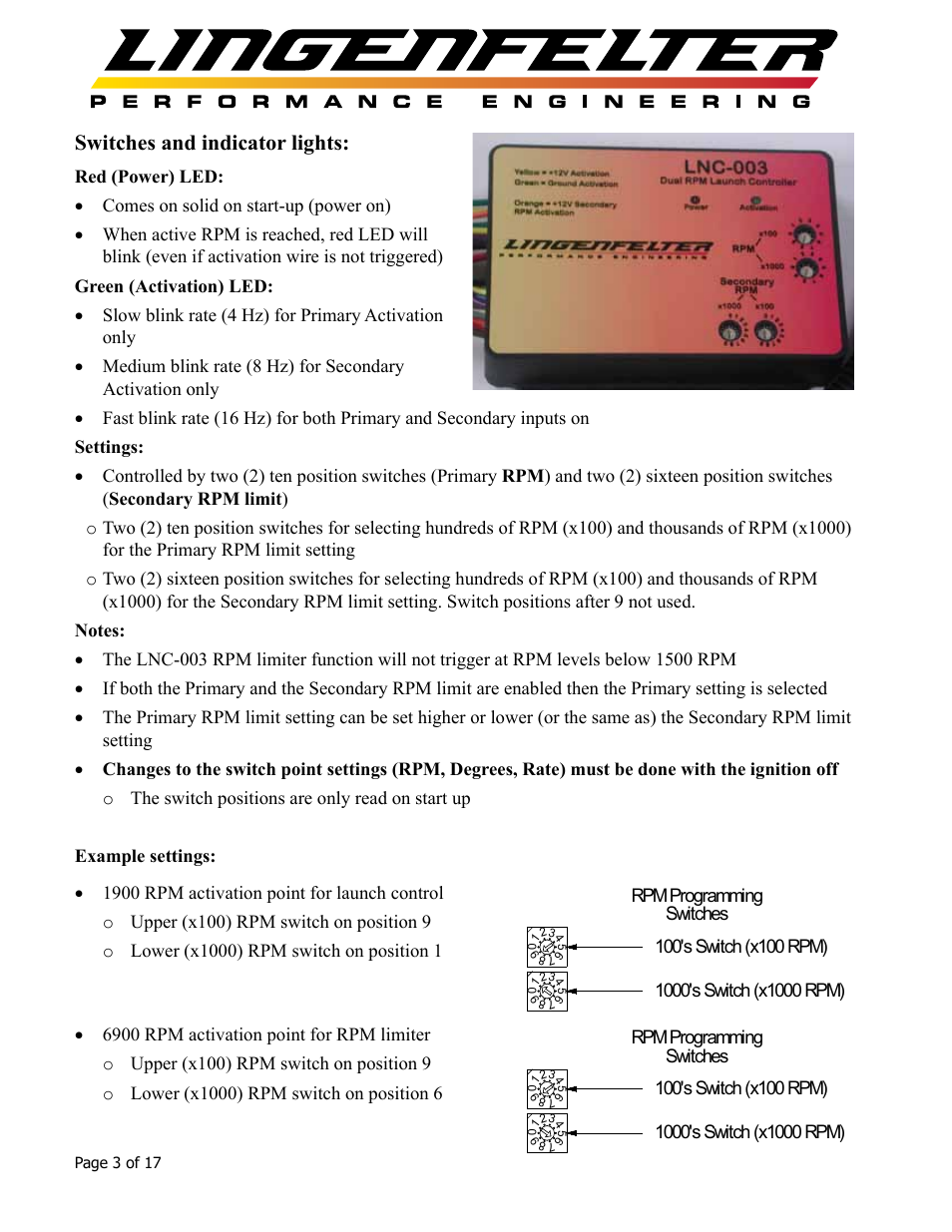 Switches and indicator lights | Lingenfelter L460105297 Lingenfelter LNC-003 Dual RPM Launch Controller v2.7 User Manual | Page 4 / 18