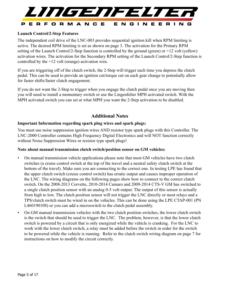 Lingenfelter L460105297 Lingenfelter LNC-003 Dual RPM Launch Controller v2.7 User Manual | Page 6 / 18