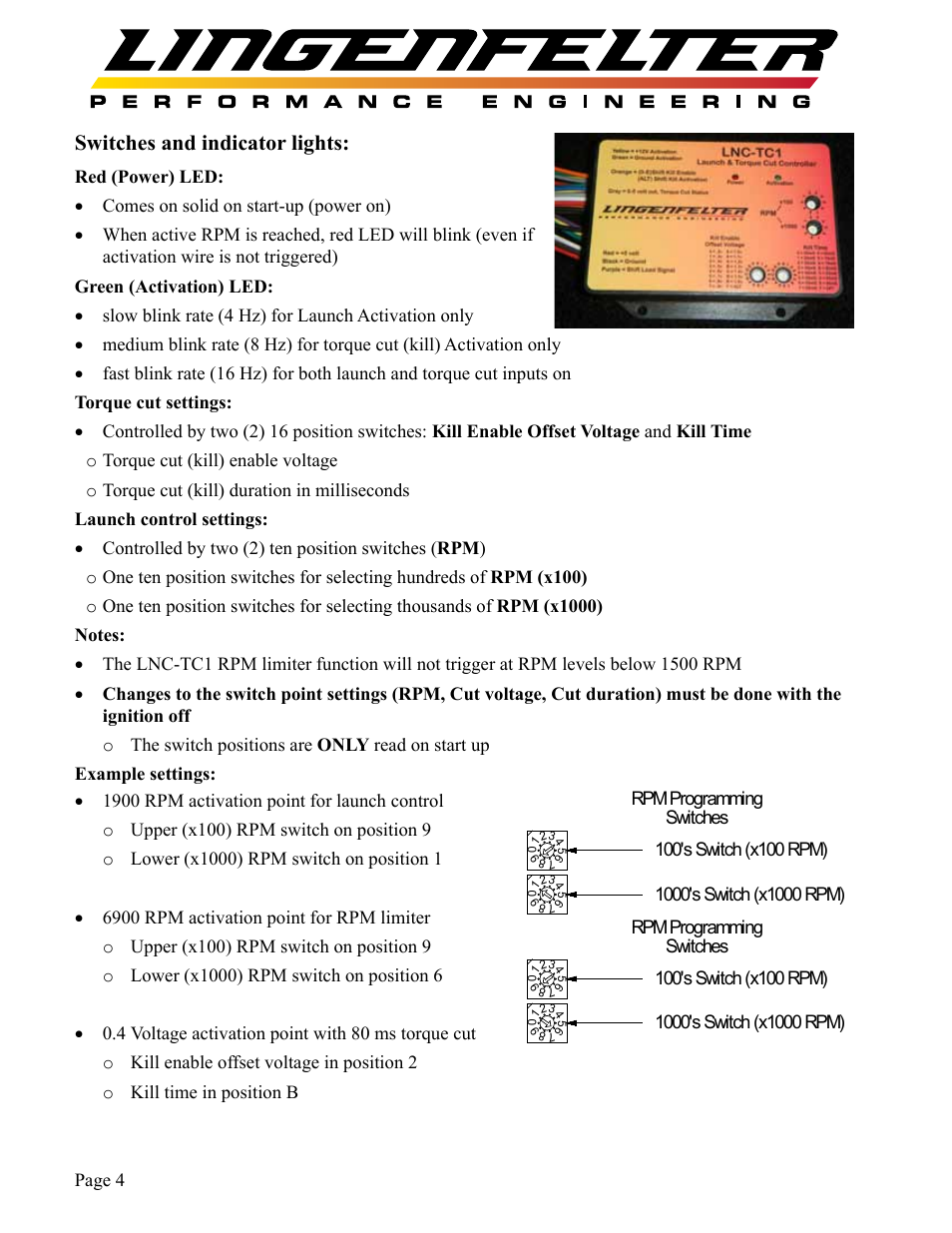 Switches and indicator lights | Lingenfelter L460135297 Lingenfelter LNC-TC1 Torque Cut Module RPM Limit v1.1 User Manual | Page 5 / 16