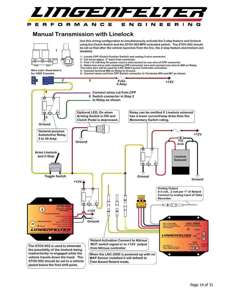 Manual transmission with linelock, Page 14 of 31, 12v fuse 5 amp | Ground, Lnc-2000 | Lingenfelter L460145297 Lingenfelter LNC-2000 LS Timing Retard Launch Controller v2.0 User Manual | Page 15 / 32