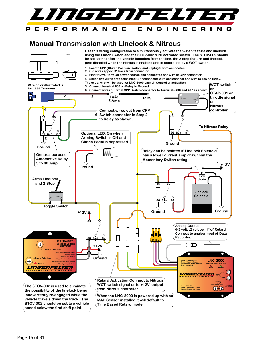 Manual transmission with linelock & nitrous, Page 15 of 31, 12v fuse 5 amp | Ground | Lingenfelter L460145297 Lingenfelter LNC-2000 LS Timing Retard Launch Controller v2.0 User Manual | Page 16 / 32