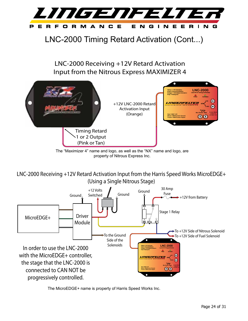 Lnc-2000 timing retard activation (cont...), Microedge+ driver module, Timing retard 1 or 2 output (pink or tan) | Lingenfelter L460145297 Lingenfelter LNC-2000 LS Timing Retard Launch Controller v2.0 User Manual | Page 25 / 32
