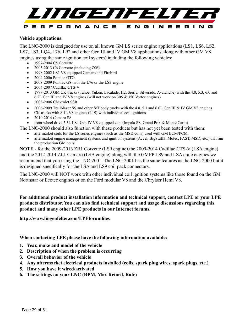 Lingenfelter L460145297 Lingenfelter LNC-2000 LS Timing Retard Launch Controller v2.0 User Manual | Page 30 / 32
