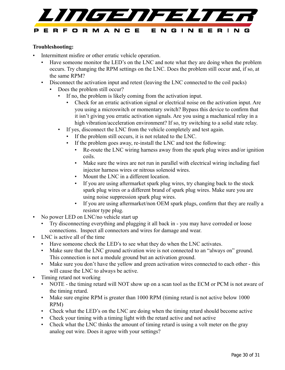 Lingenfelter L460145297 Lingenfelter LNC-2000 LS Timing Retard Launch Controller v2.0 User Manual | Page 31 / 32