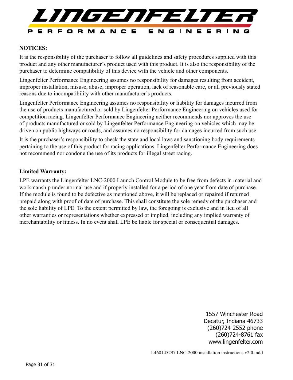 Lingenfelter L460145297 Lingenfelter LNC-2000 LS Timing Retard Launch Controller v2.0 User Manual | Page 32 / 32