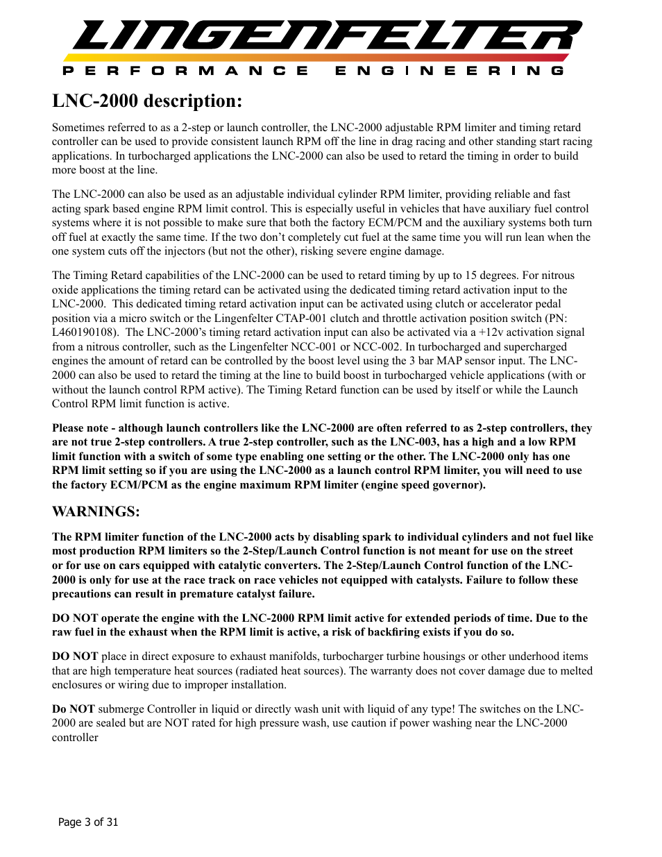 Lnc-2000 description, Warnings | Lingenfelter L460145297 Lingenfelter LNC-2000 LS Timing Retard Launch Controller v2.0 User Manual | Page 4 / 32