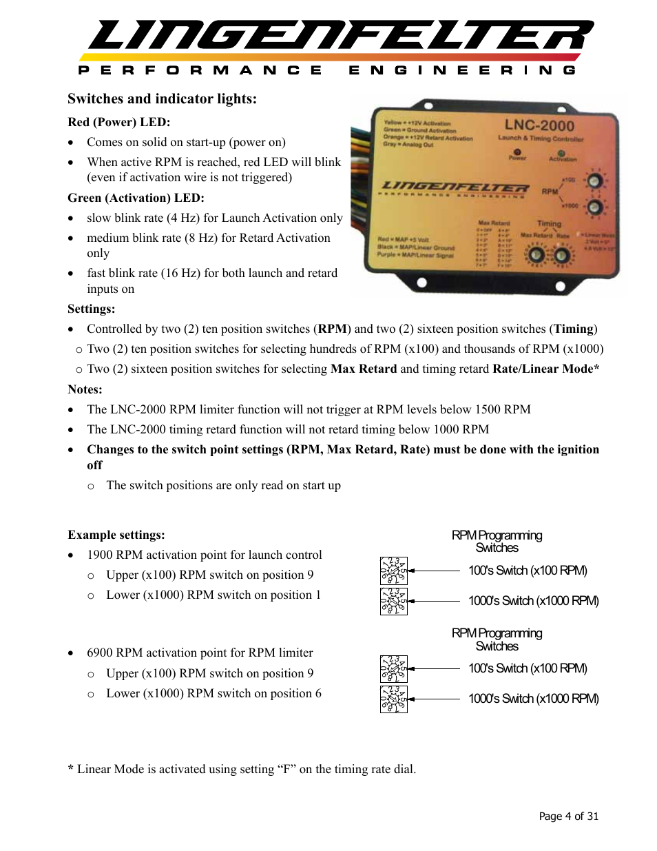 Switches and indicator lights | Lingenfelter L460145297 Lingenfelter LNC-2000 LS Timing Retard Launch Controller v2.0 User Manual | Page 5 / 32