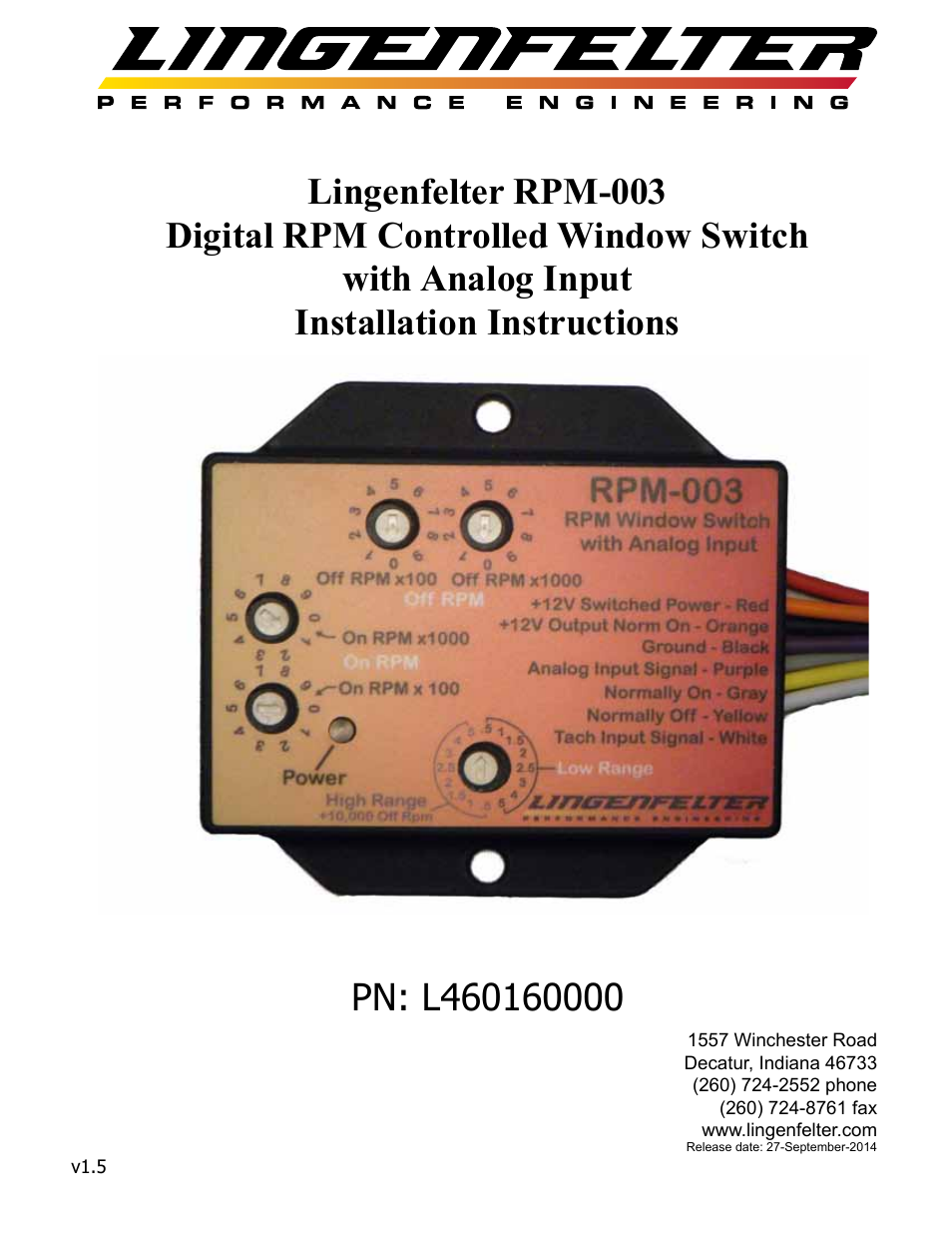 Lingenfelter L460160000 Lingenfelter RPM-003 RPM Activated Switch Instructions v1.5 User Manual | 18 pages