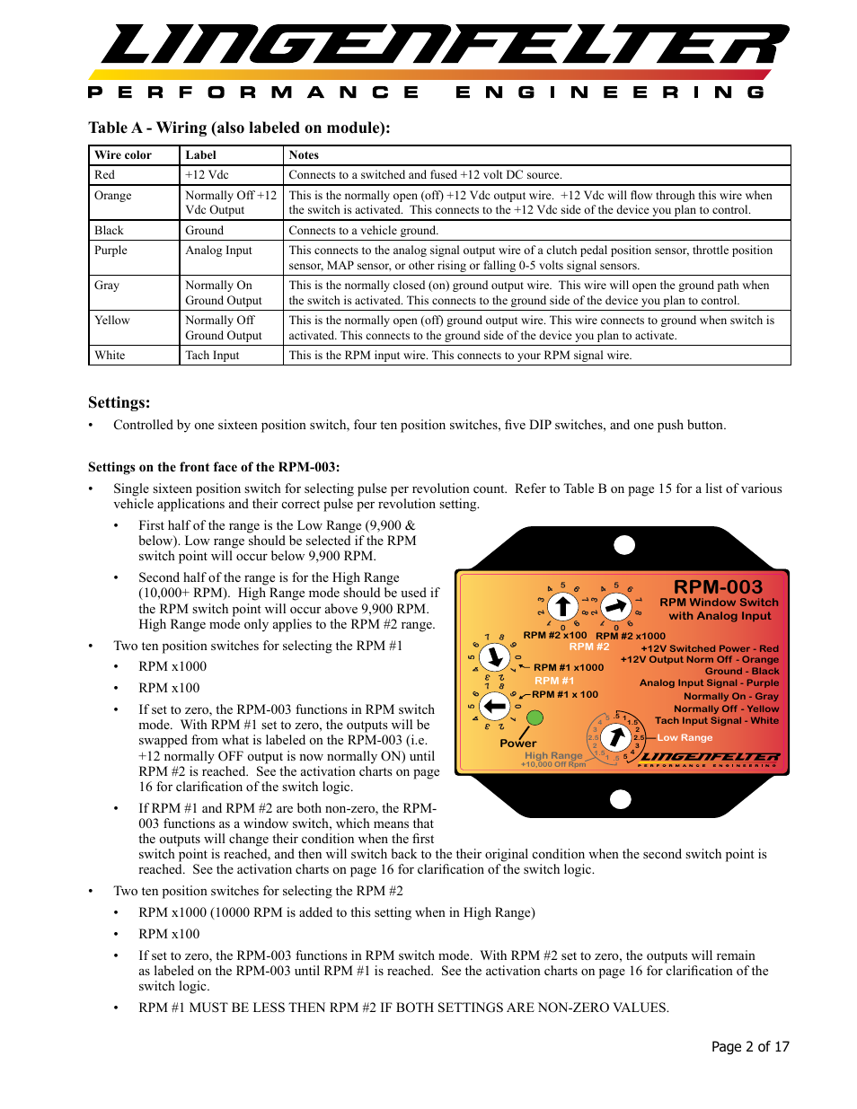 Rpm-003, Table a - wiring (also labeled on module), Settings | Lingenfelter L460160000 Lingenfelter RPM-003 RPM Activated Switch Instructions v1.5 User Manual | Page 3 / 18