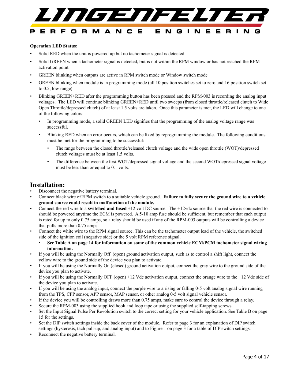 Installation | Lingenfelter L460160000 Lingenfelter RPM-003 RPM Activated Switch Instructions v1.5 User Manual | Page 5 / 18