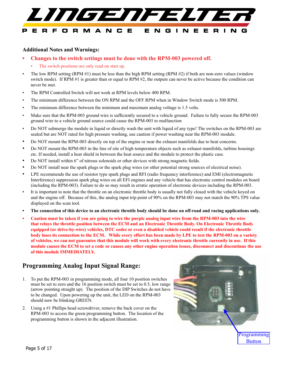 Programming analog input signal range | Lingenfelter L460160000 Lingenfelter RPM-003 RPM Activated Switch Instructions v1.5 User Manual | Page 6 / 18