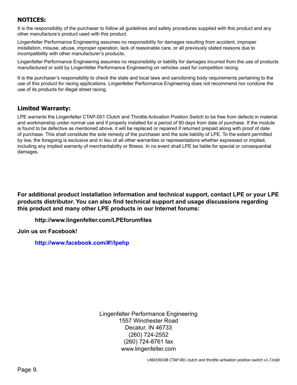 Lingenfelter L460190108 Lingenfelter CTAP-001 Clutch & Throttle Activation Position Switch v1.7 User Manual | Page 10 / 10