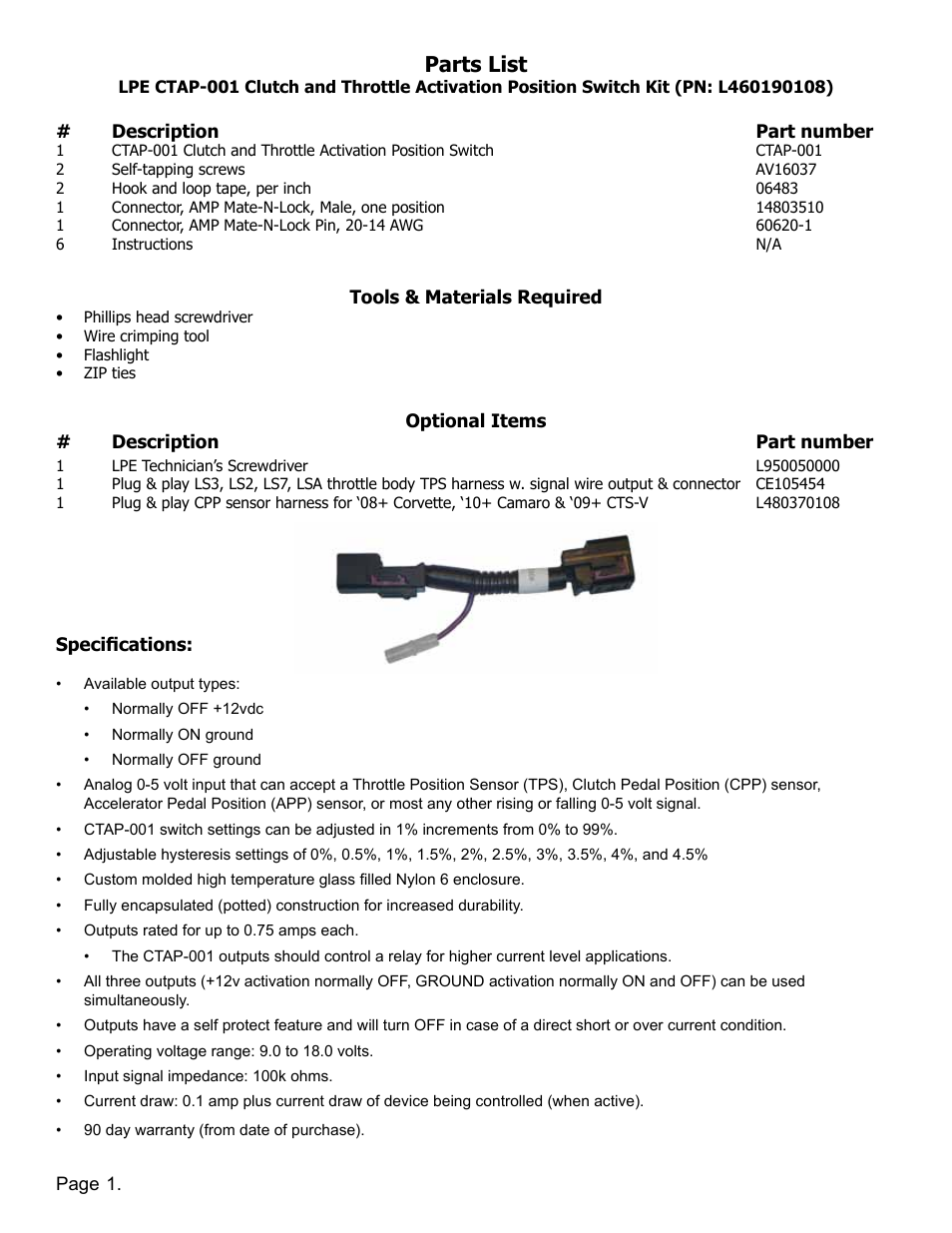 Parts list | Lingenfelter L460190108 Lingenfelter CTAP-001 Clutch & Throttle Activation Position Switch v1.7 User Manual | Page 2 / 10