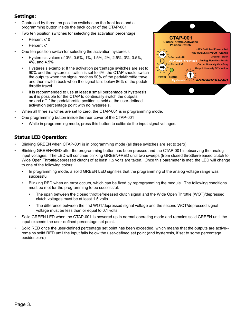 Page 3. settings, Status led operation, Ctap-001 | Lingenfelter L460190108 Lingenfelter CTAP-001 Clutch & Throttle Activation Position Switch v1.7 User Manual | Page 4 / 10