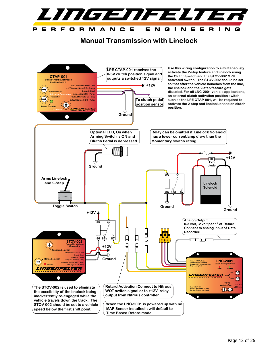 Manual transmission with linelock, Page 12 of 26, Toggle switch arms linelock and 2-step ground | Ground, 12v ground, Ctap-001, Lnc-2001, Linelock solenoid, Stov-002 | Lingenfelter L460145297 Lingenfelter LNC-2001 LS Timing Retard Launch Controller LSA LS9 v1.7 User Manual | Page 13 / 28